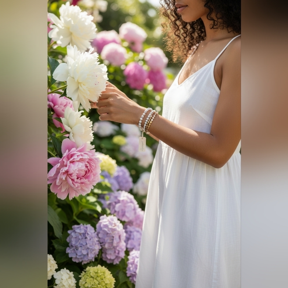 Women's stretchy bracelet with white and gold beads